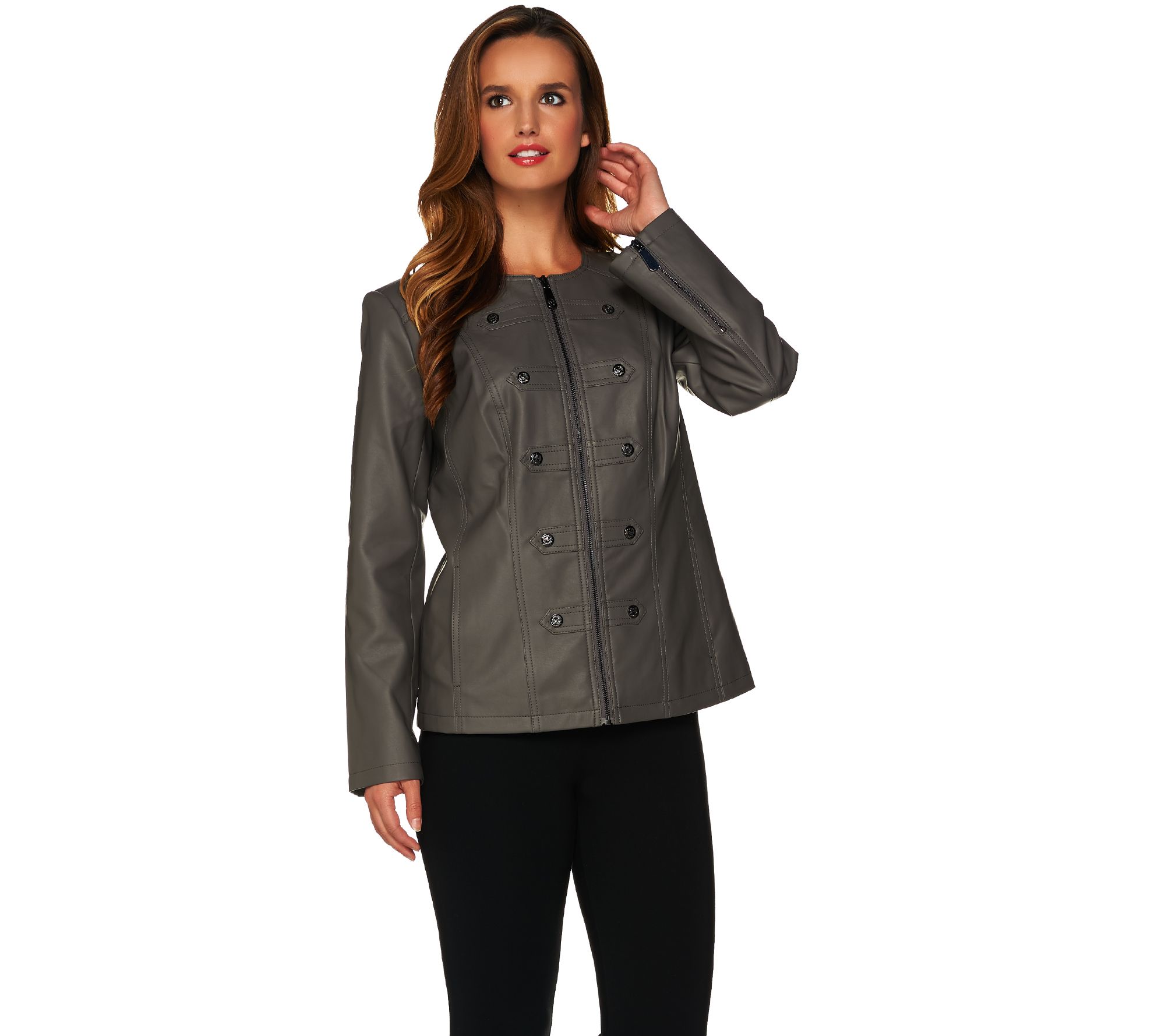 Dennis Basso Faux Leather Military Zip Front Jacket Page 1 —