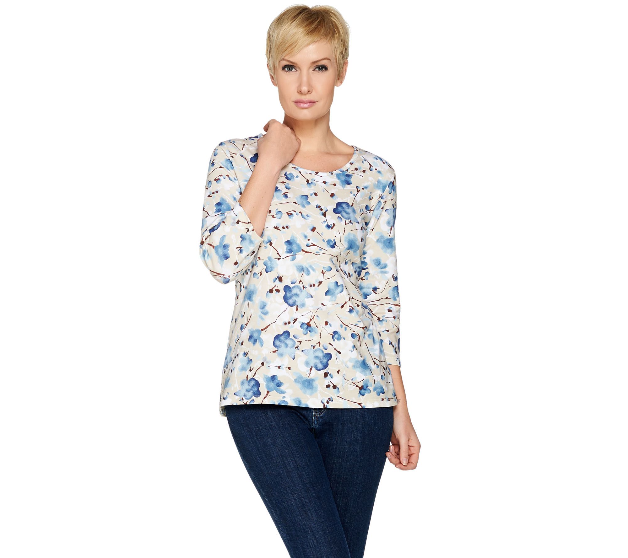 Denim & Co 3/4 Sleeve Floral Print Perfect Jersey Scoop Neck Top Page