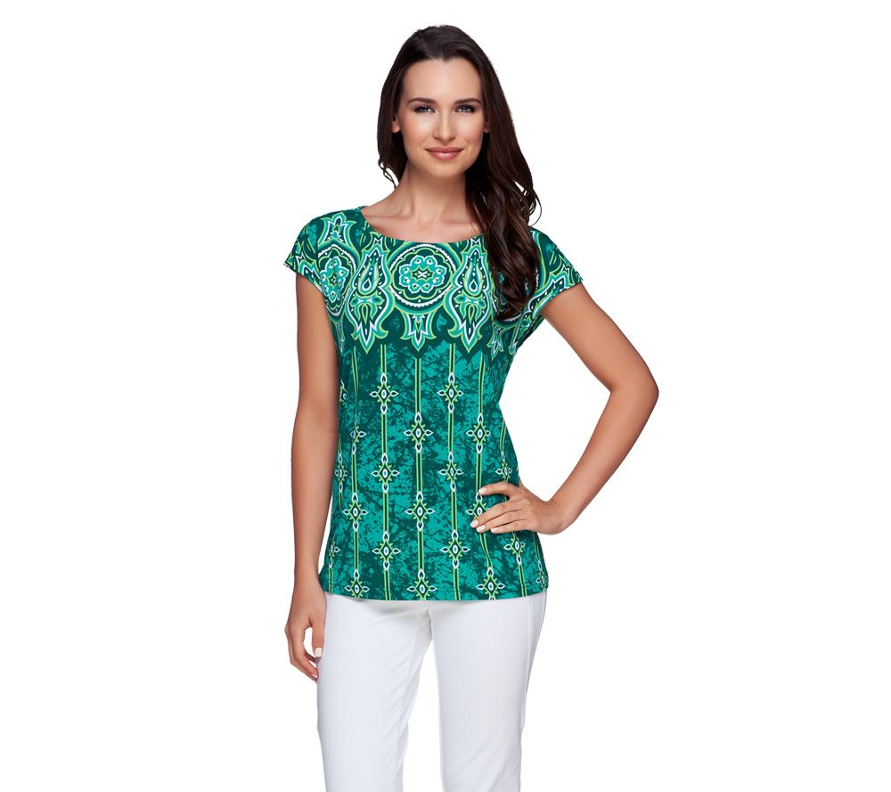 Bob Mackies Boat Neck Short Sleeve Printed Top