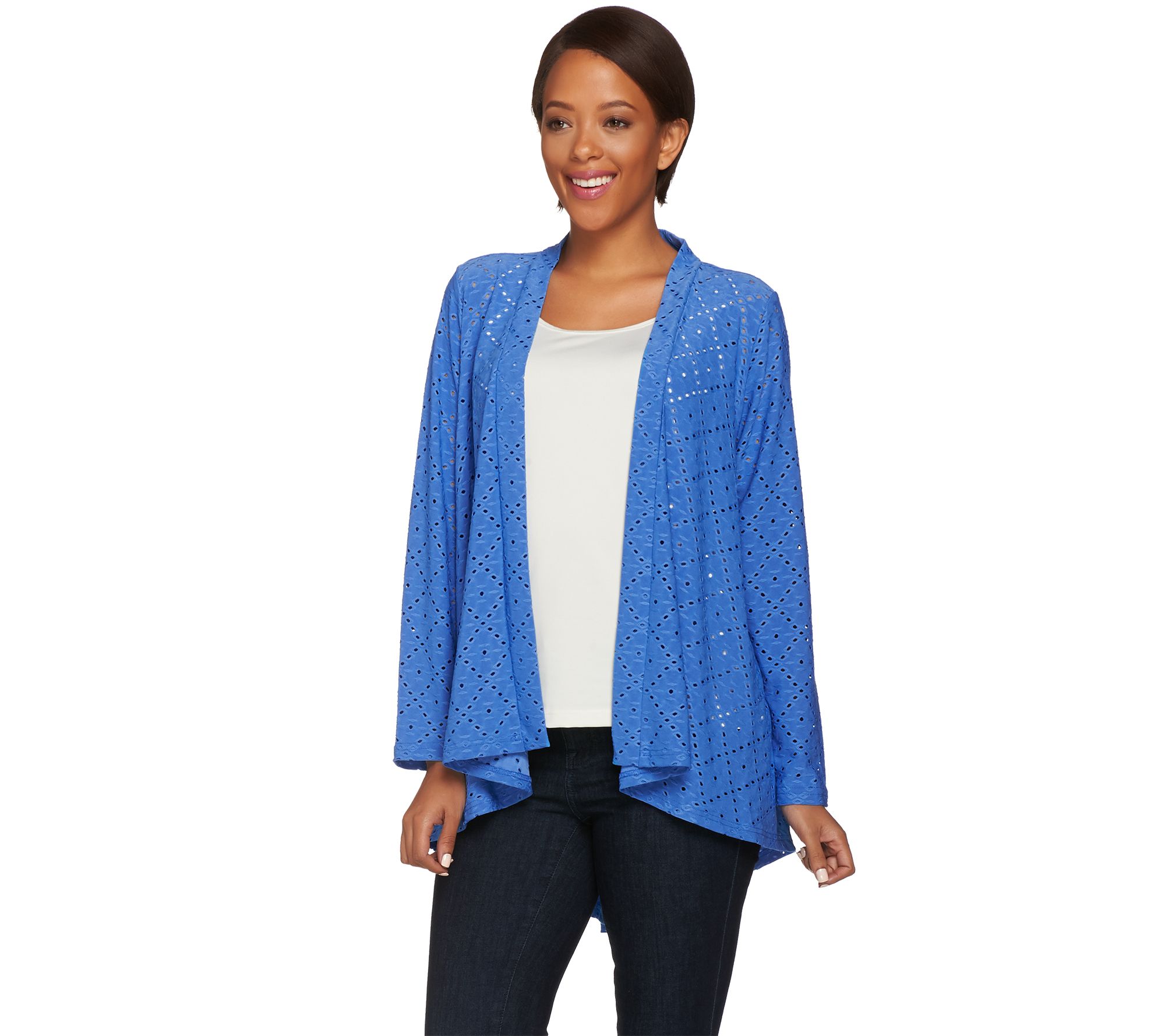 "As Is" Nina Leonard Long Sleeve Eyelet Cardigan Page 1 —