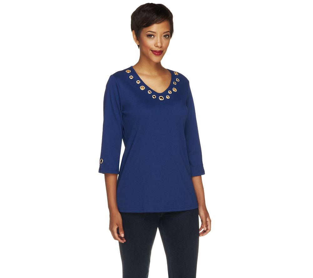 "As Is" Quacker Factory Glitzy Golden Grommet VNeck 3/4 Sleeve Tshirt