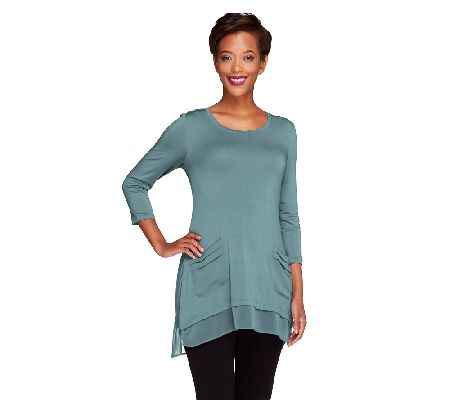  LOGO by Lori Goldstein 3/4 Sleeve Knit Top with Chiffon Trim - A237514