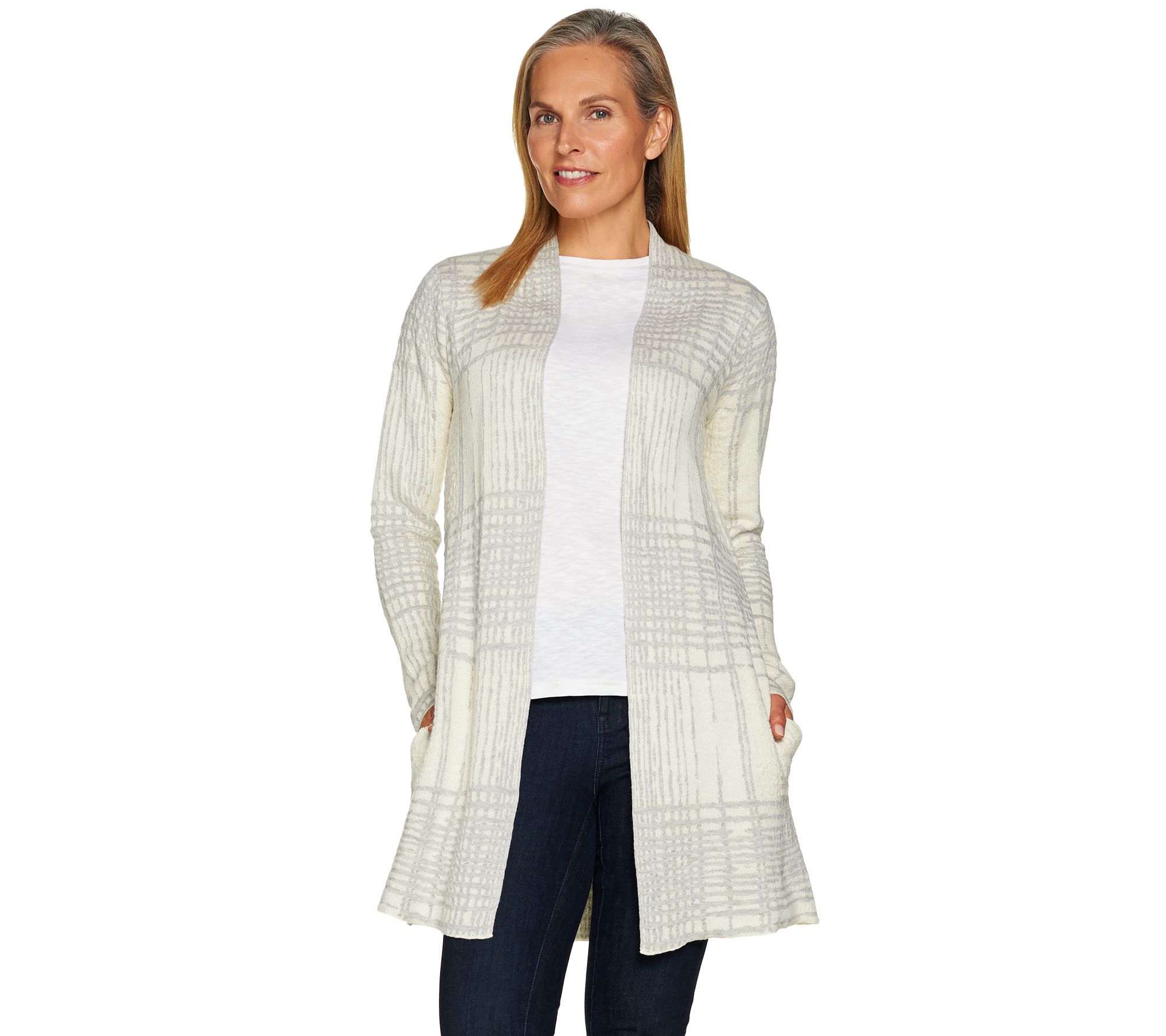 H by Halston Textured Pattern Open Front Sweater Coat Page 1 —