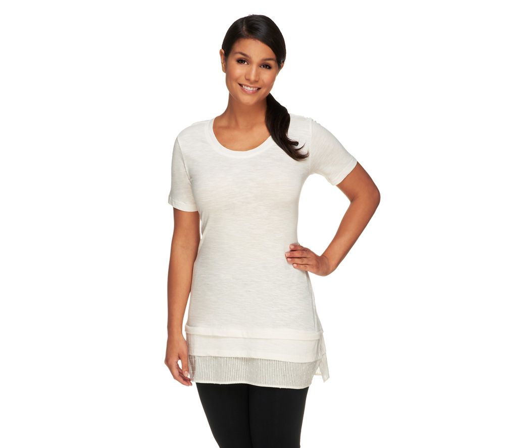 LOGO by Lori Goldstein Cotton Slub Top with Swiss Dot Hem Detail