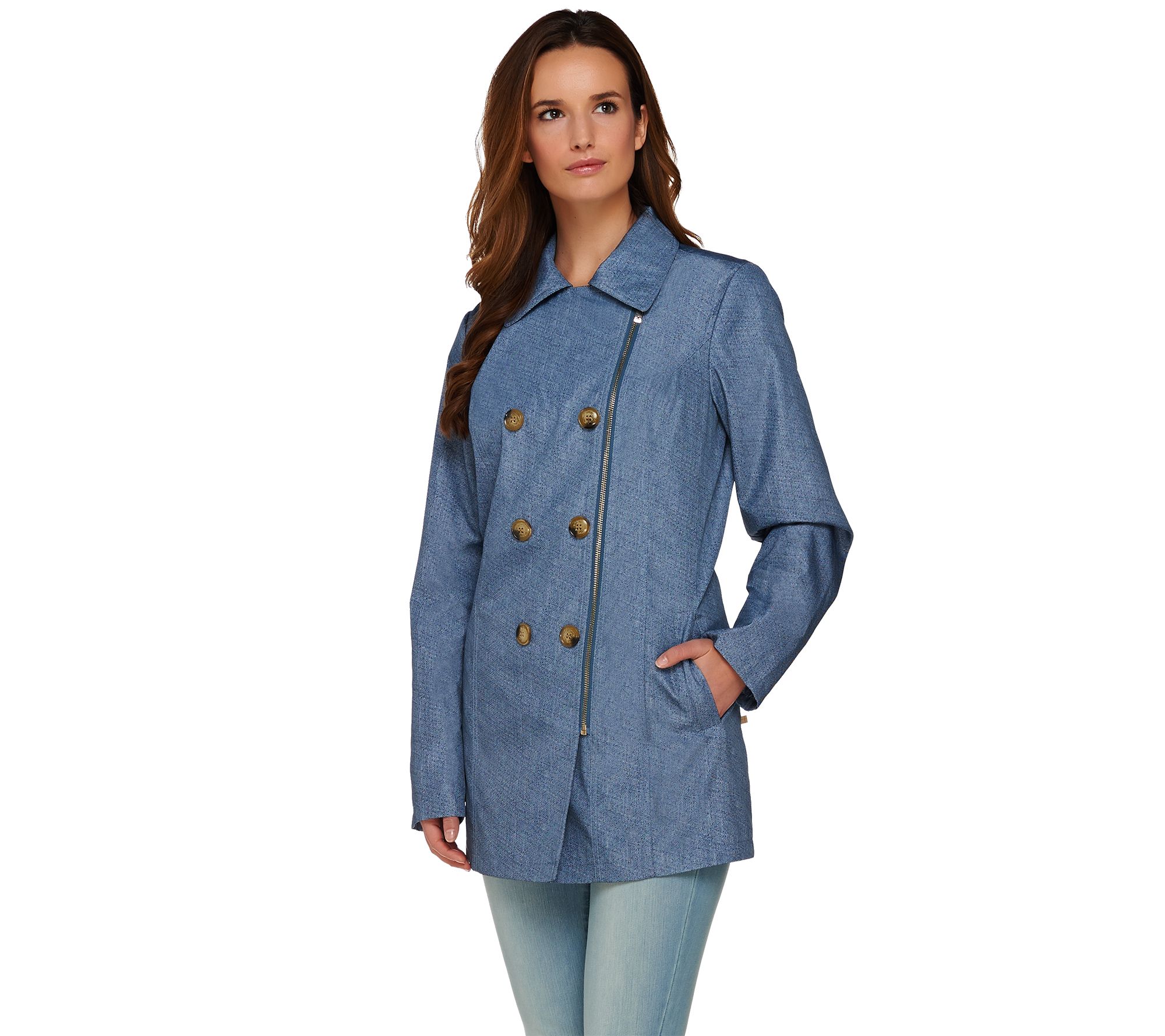 Dennis Basso Water Resistant Denim Print Trench Coat Page 1 —