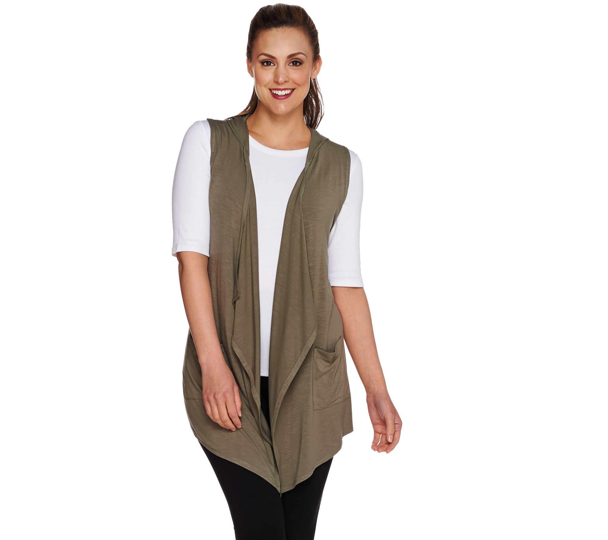 LOGO by Lori Goldstein Open Front Knit Vest with Hood Page 1 —