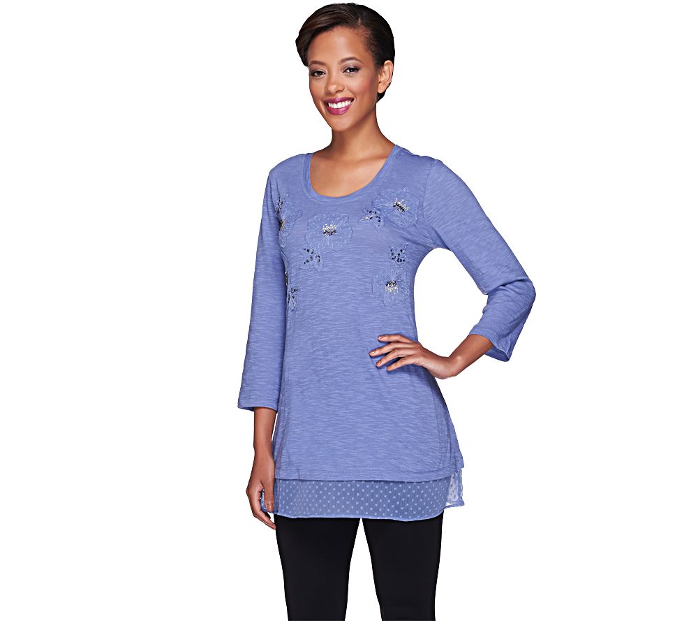  LOGO by Lori Goldstein Slub Knit Top with Swiss Dot Trim - A254032