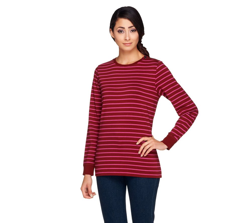 Denim & Co. Perfect Jersey Long Sleeve Stripe Top with Zipper Detail