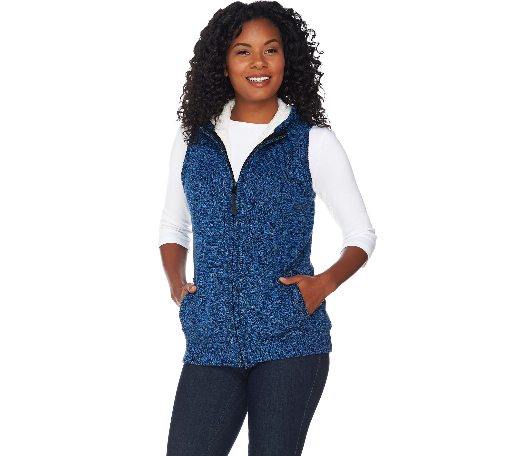 "As Is" Denim & Co. Zip Front Hooded Sweater Vest with Sherpa Lining