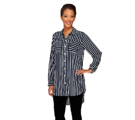 Susan Graver Printed Stretch Woven Boyfriend Shirt w/ Hi-Low Hem