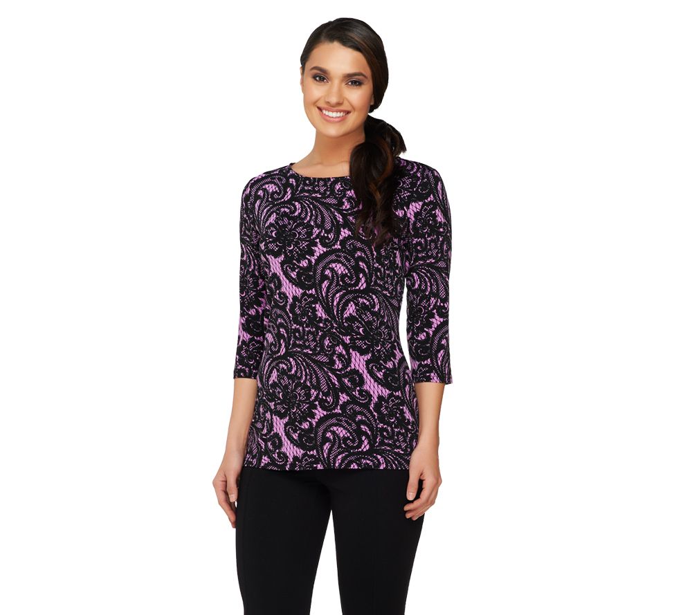 Bob Mackies Lace Print 3/4 Sleeve Jersey Knit Top