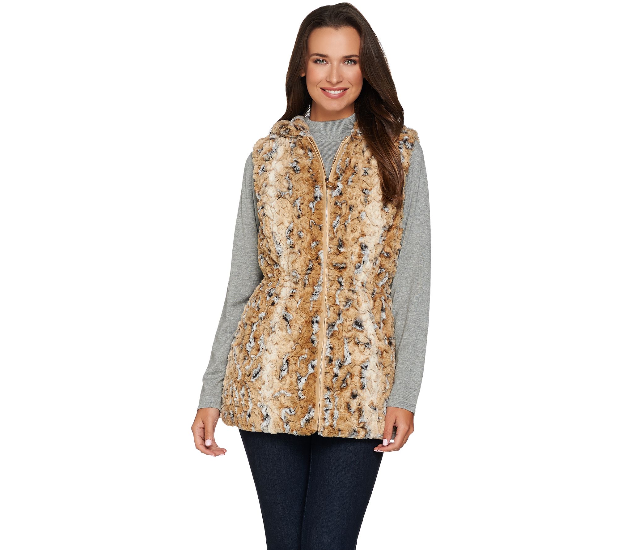 Dennis Basso Faux Fur Animal Print Vest with Hood Page 1 —