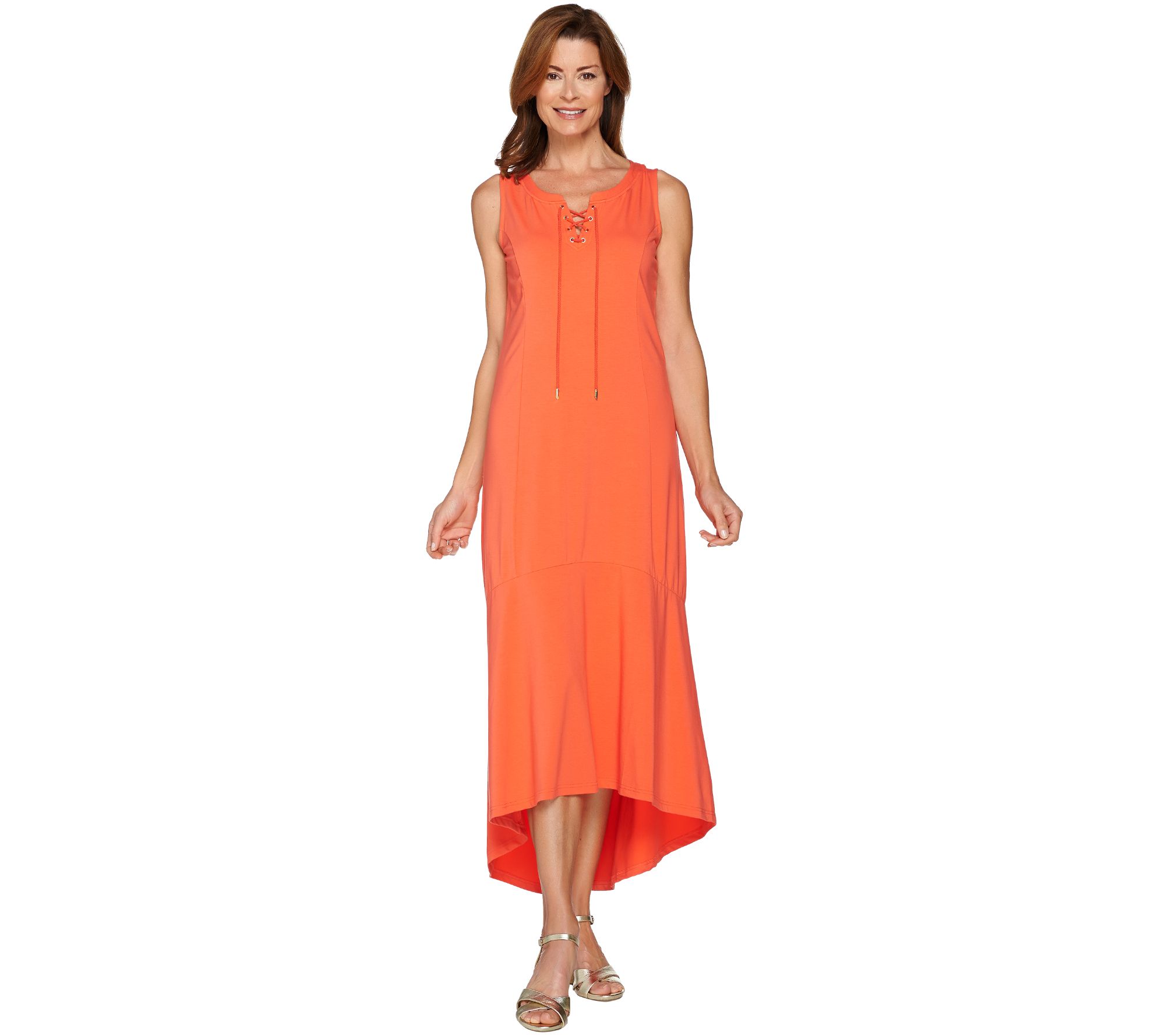 "As Is" Isaac Mizrahi Live! Regular Laceup Neck Hilow Hem Maxi Dress