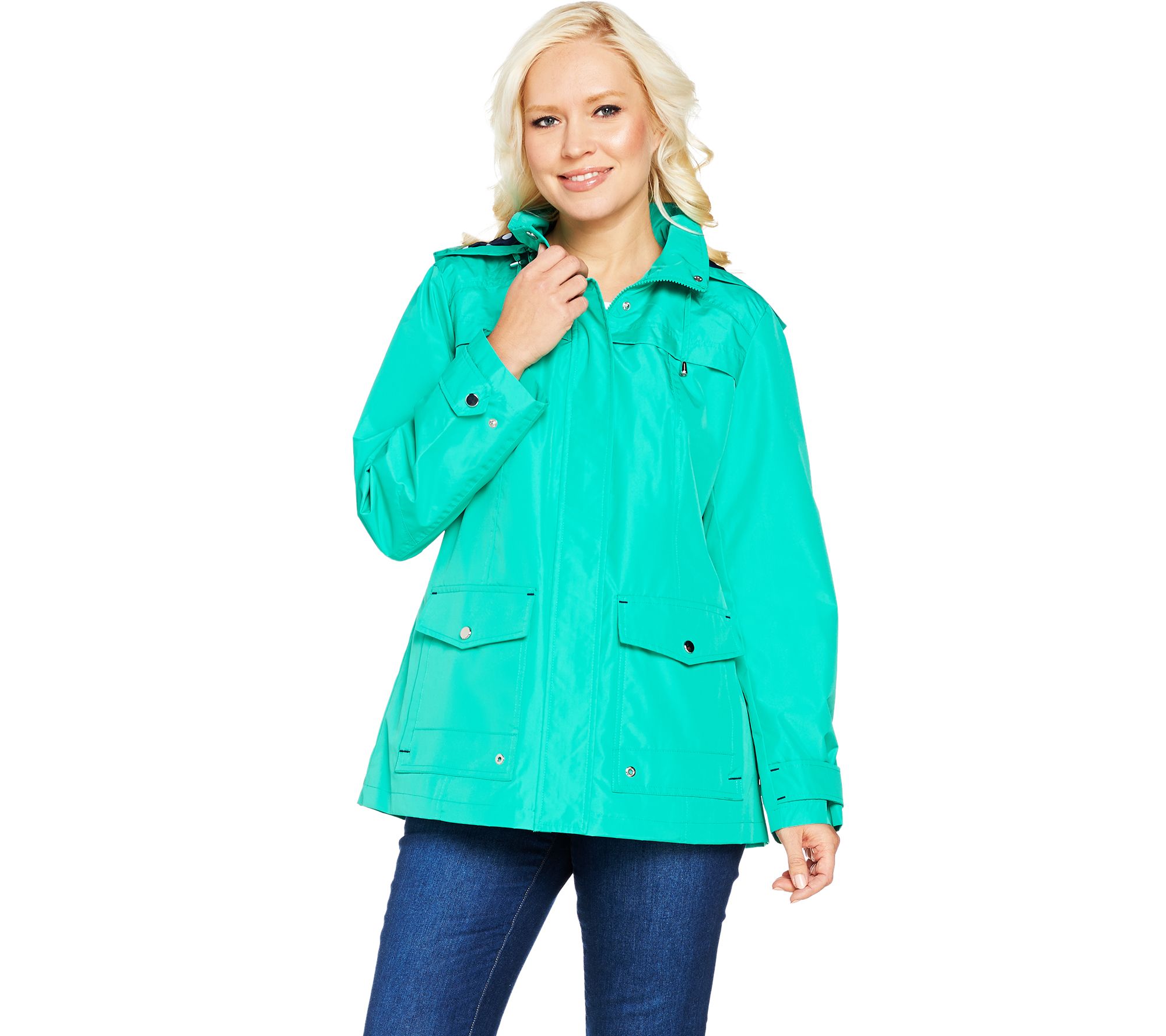 Susan Graver Zip Front Anorak Jacket w/ Polka Dot Lining & Hood Page