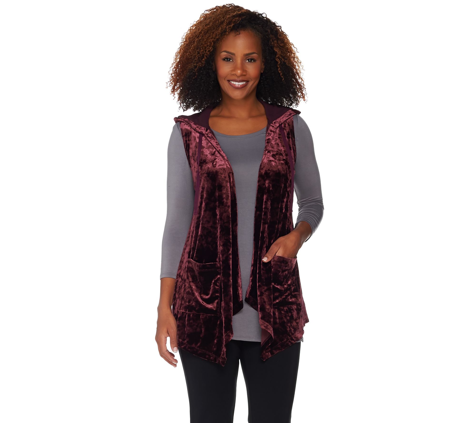 LOGO by Lori Goldstein Panne Velvet Cascade Front Vest w/ Chiffon
