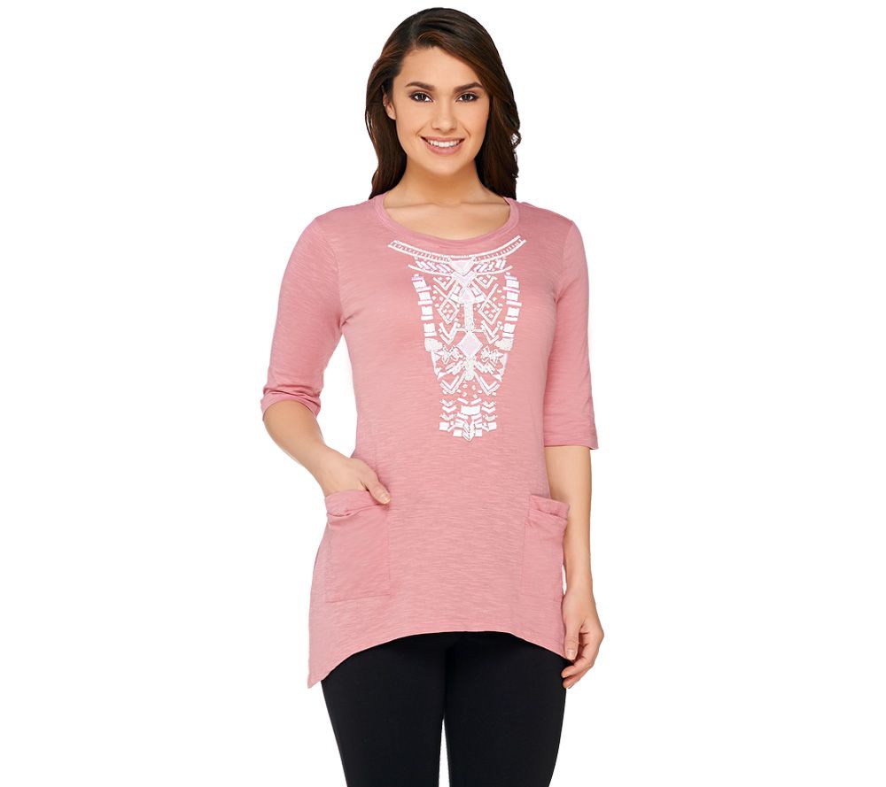 LOGO by Lori Goldstein Cotton Slub Top with Beaded Front Detail