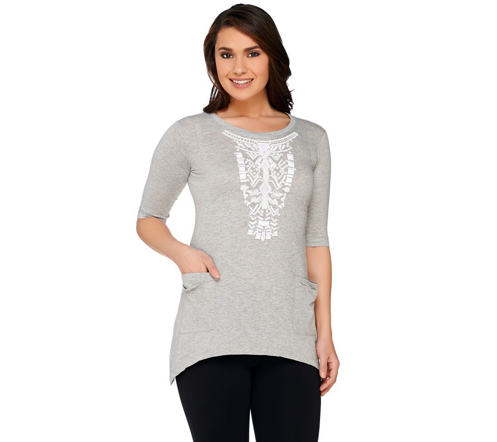 LOGO by Lori Goldstein Cotton Slub Top with Beaded Front Detail