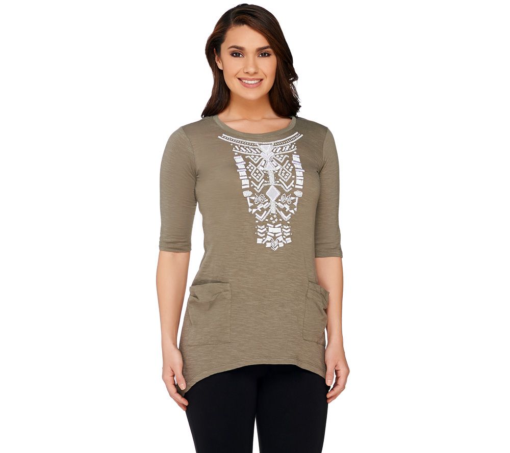 LOGO by Lori Goldstein Cotton Slub Top with Beaded Front Detail