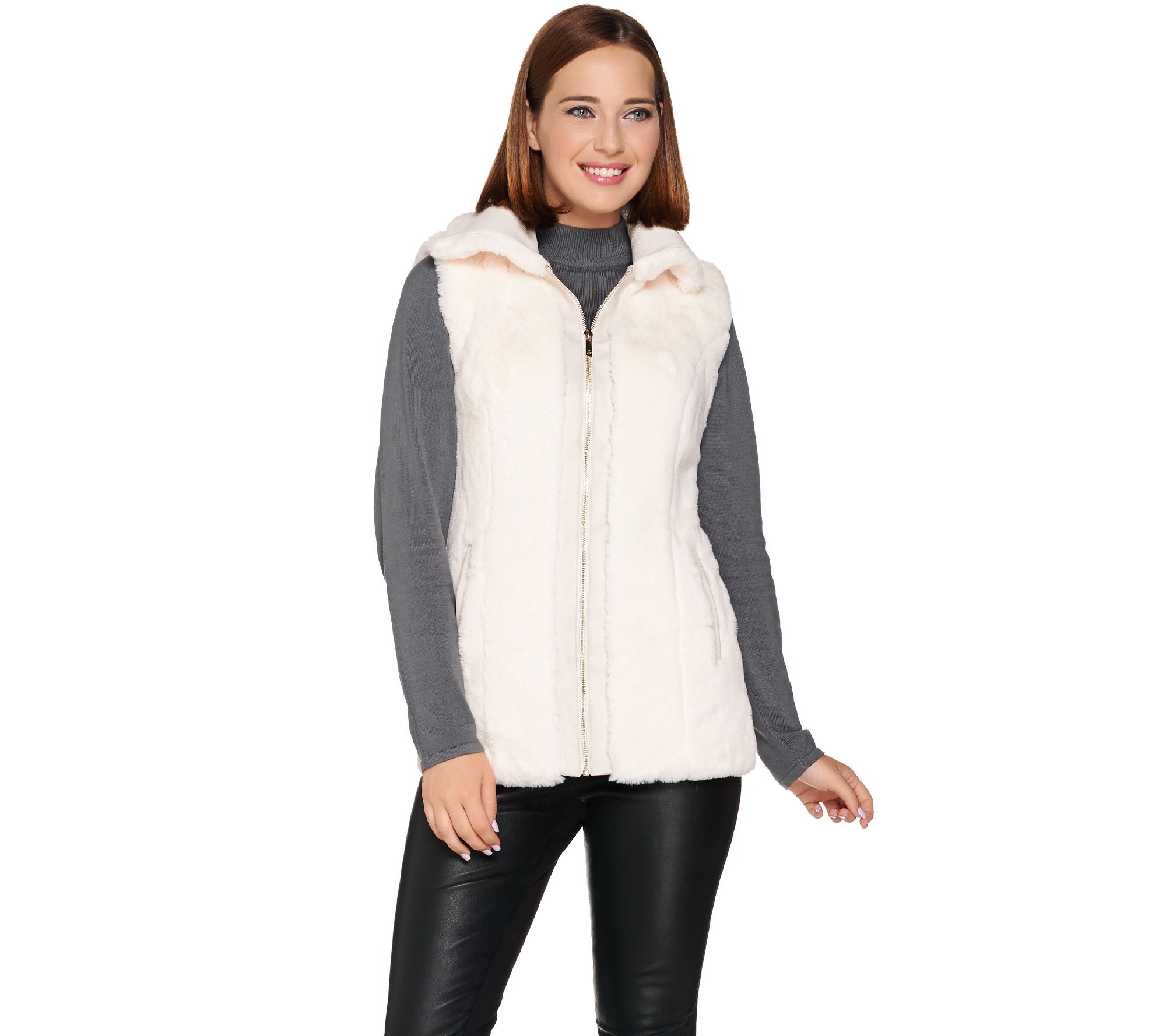 Dennis Basso Zip Front Faux Fur Bomber Vest Page 1 —