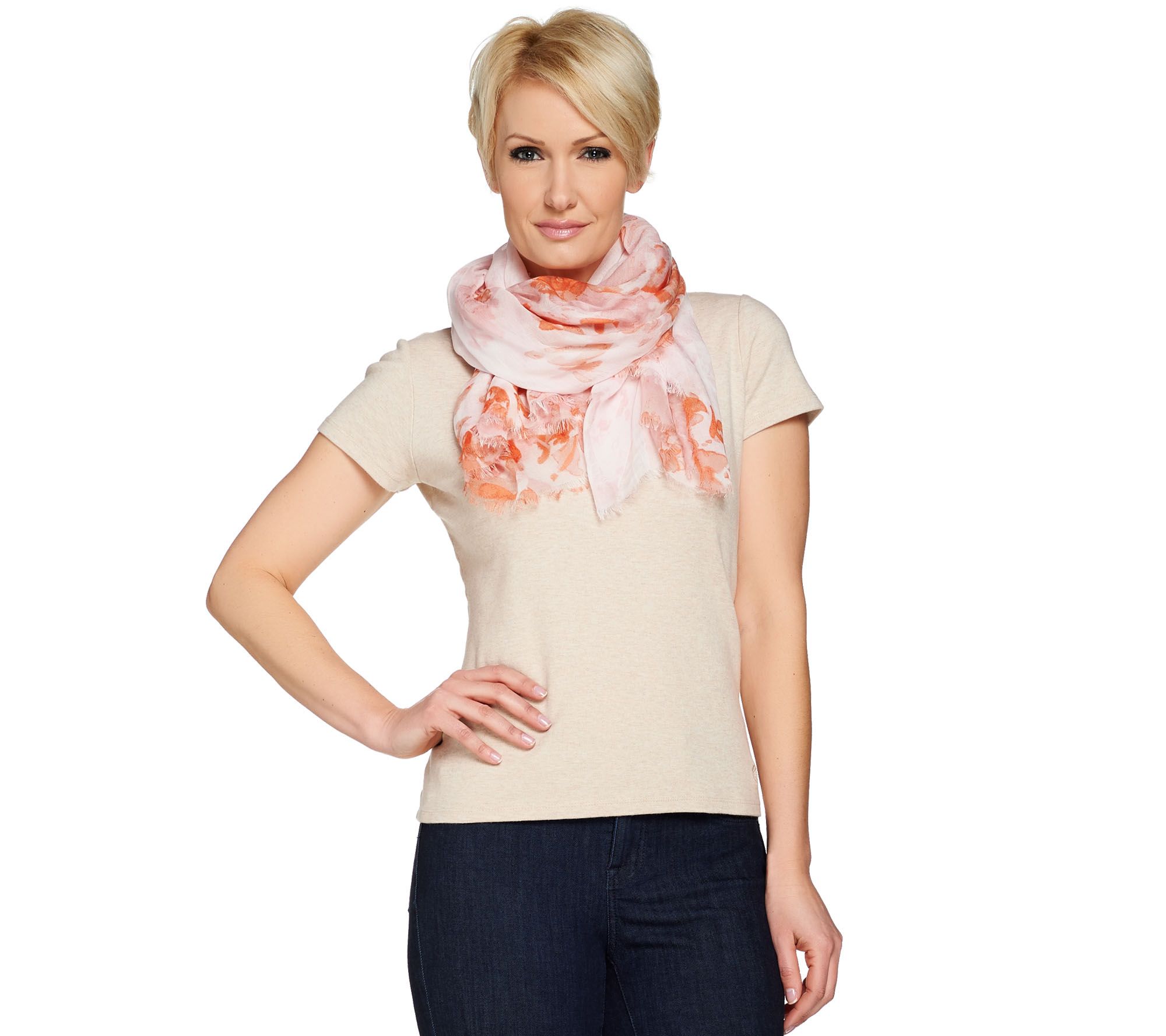  H by Halston Floral Printed Scarf with Fringe - A275254