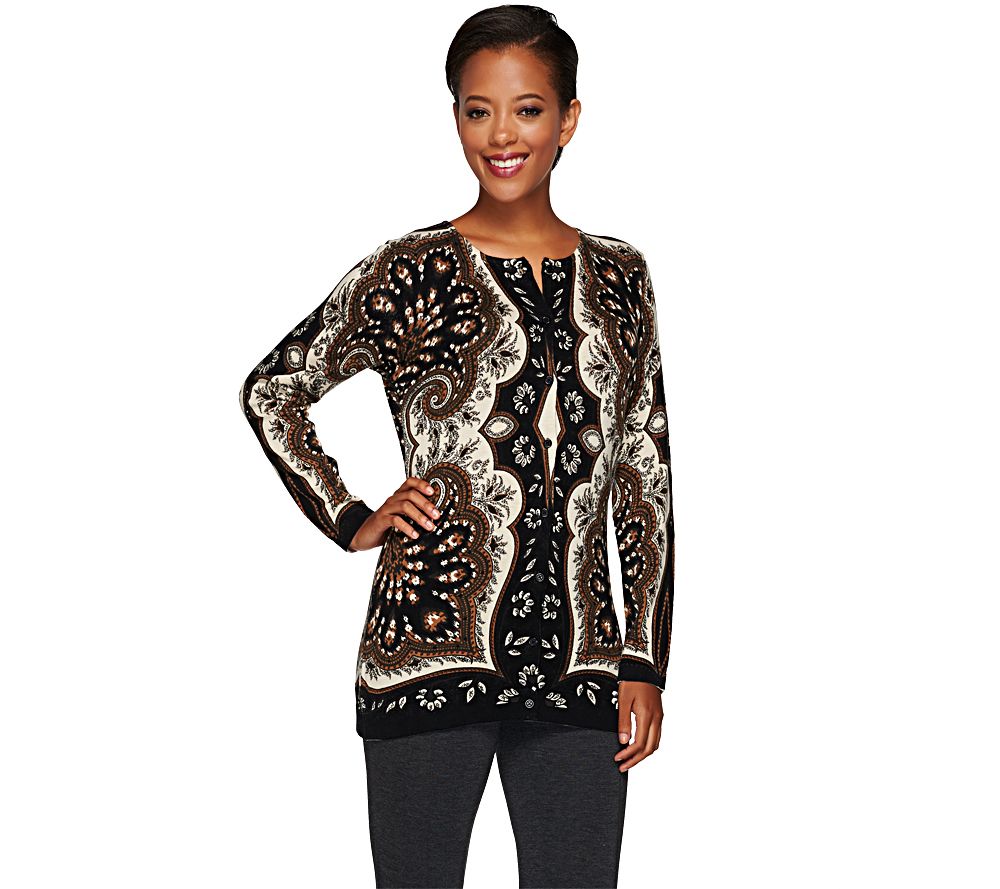 Isaac Mizrahi Live! Crewneck Paisley Printed Cardigan