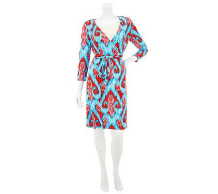 Belle Gray by Lisa Rinna Medallion Print Knit 3/4 Sleeve Wrap Dress