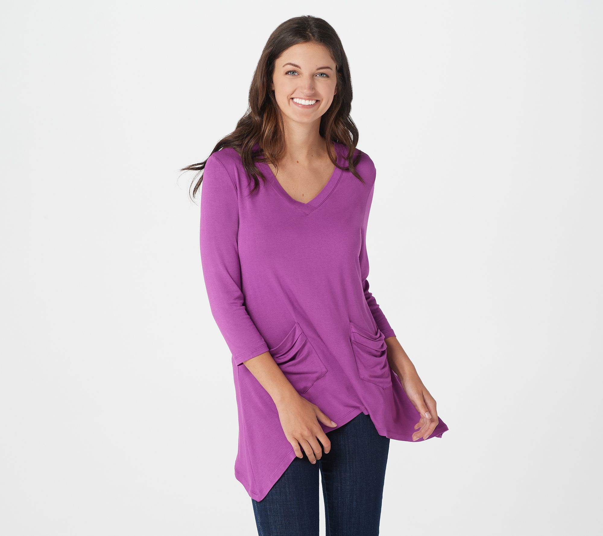 LOGO by Lori Goldstein V-neck Tee with 3/4 Sleeves and Pocket Detail - A202259