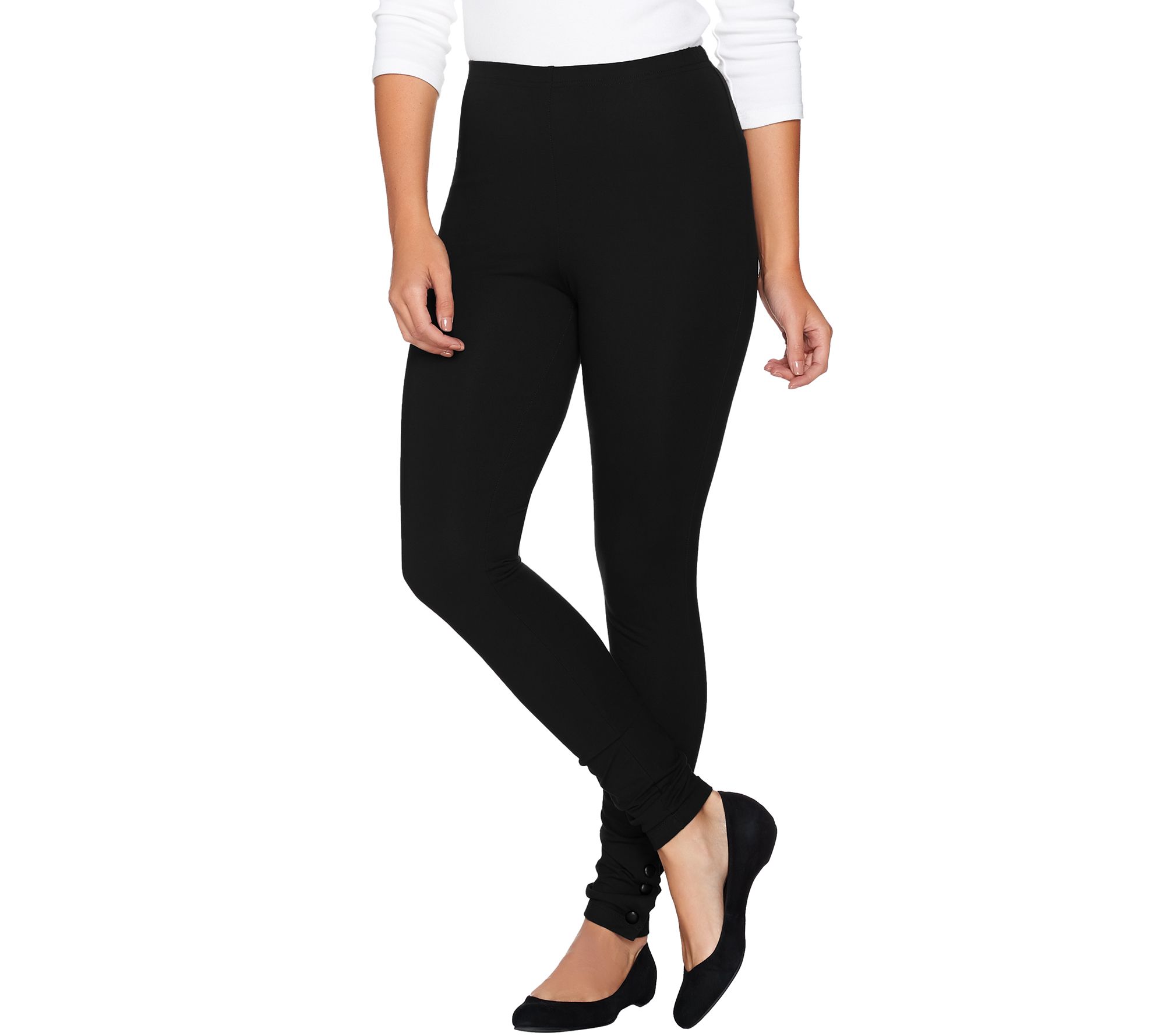 "As Is" Women with Control Petite Knit Leggings w/Faux Leather Snaps