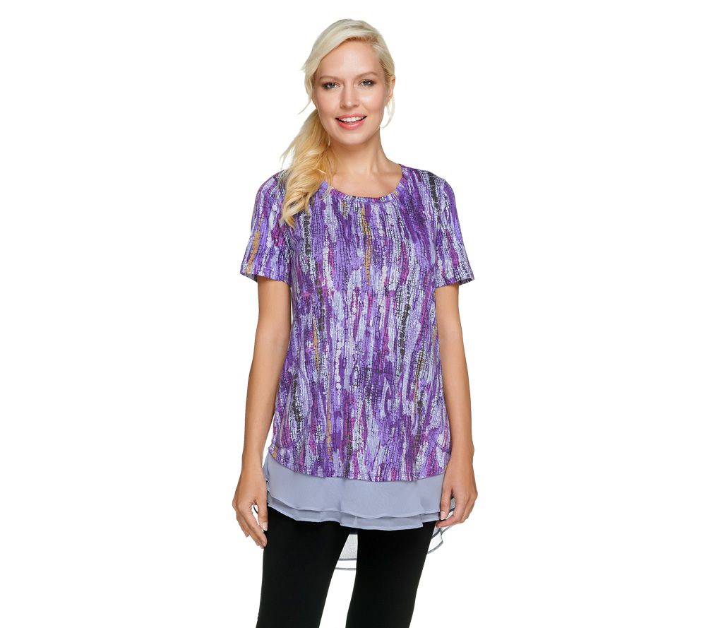 LOGO by Lori Goldstein Printed Cotton Modal Knit Top w/ Chiffon Trim