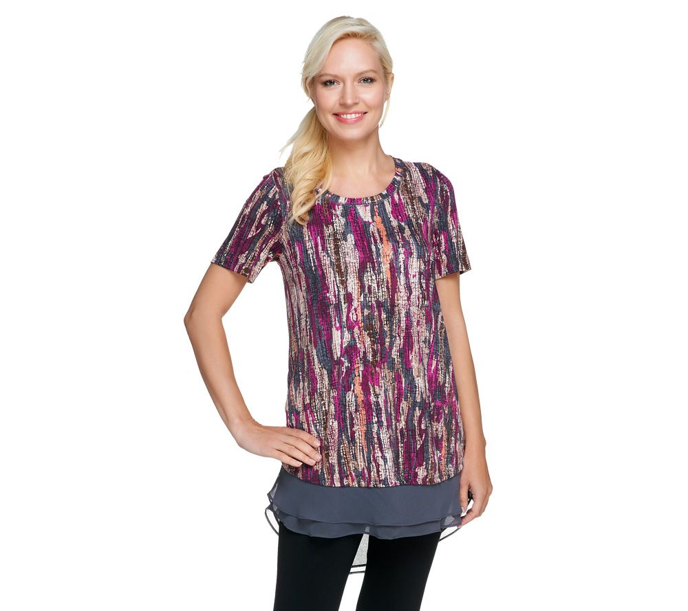 LOGO by Lori Goldstein Printed Cotton Modal Knit Top w/ Chiffon Trim