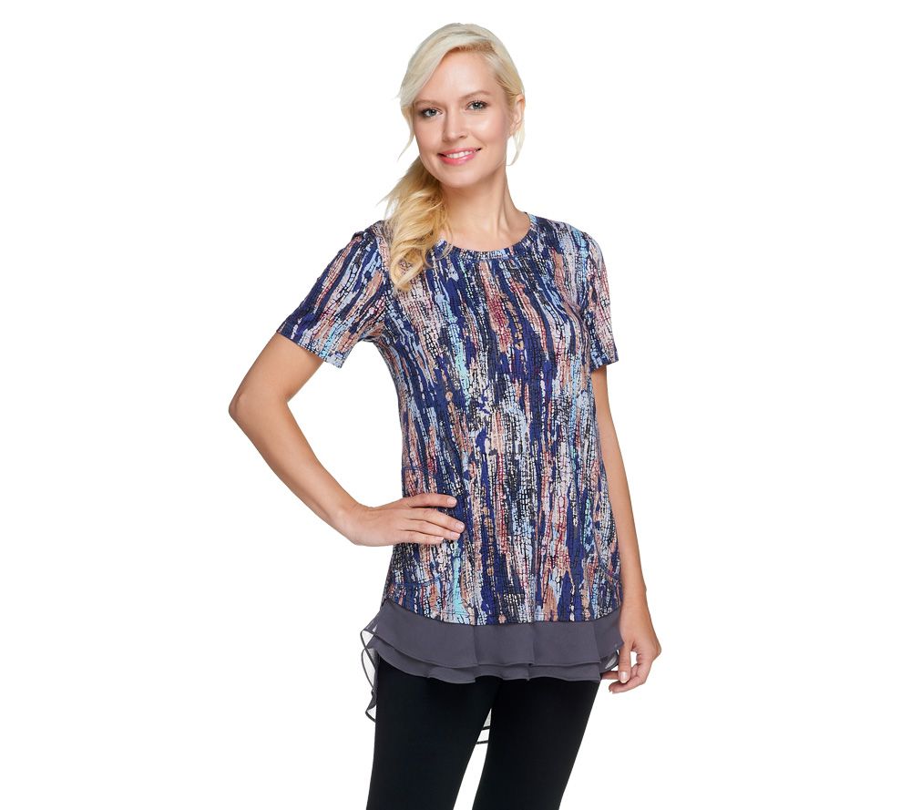 LOGO by Lori Goldstein Printed Cotton Modal Knit Top w/ Chiffon Trim