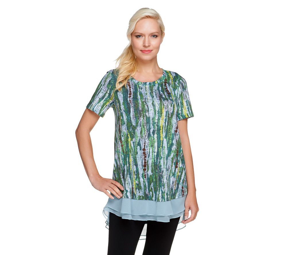 LOGO by Lori Goldstein Printed Cotton Modal Knit Top w/ Chiffon Trim