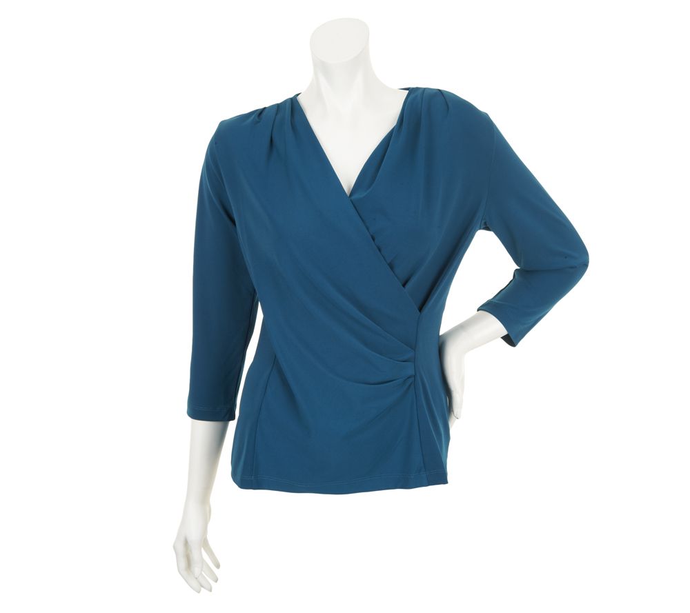 Bob Mackies Knit Jersey 3/4 Sleeve Faux Wrap Pullover Top