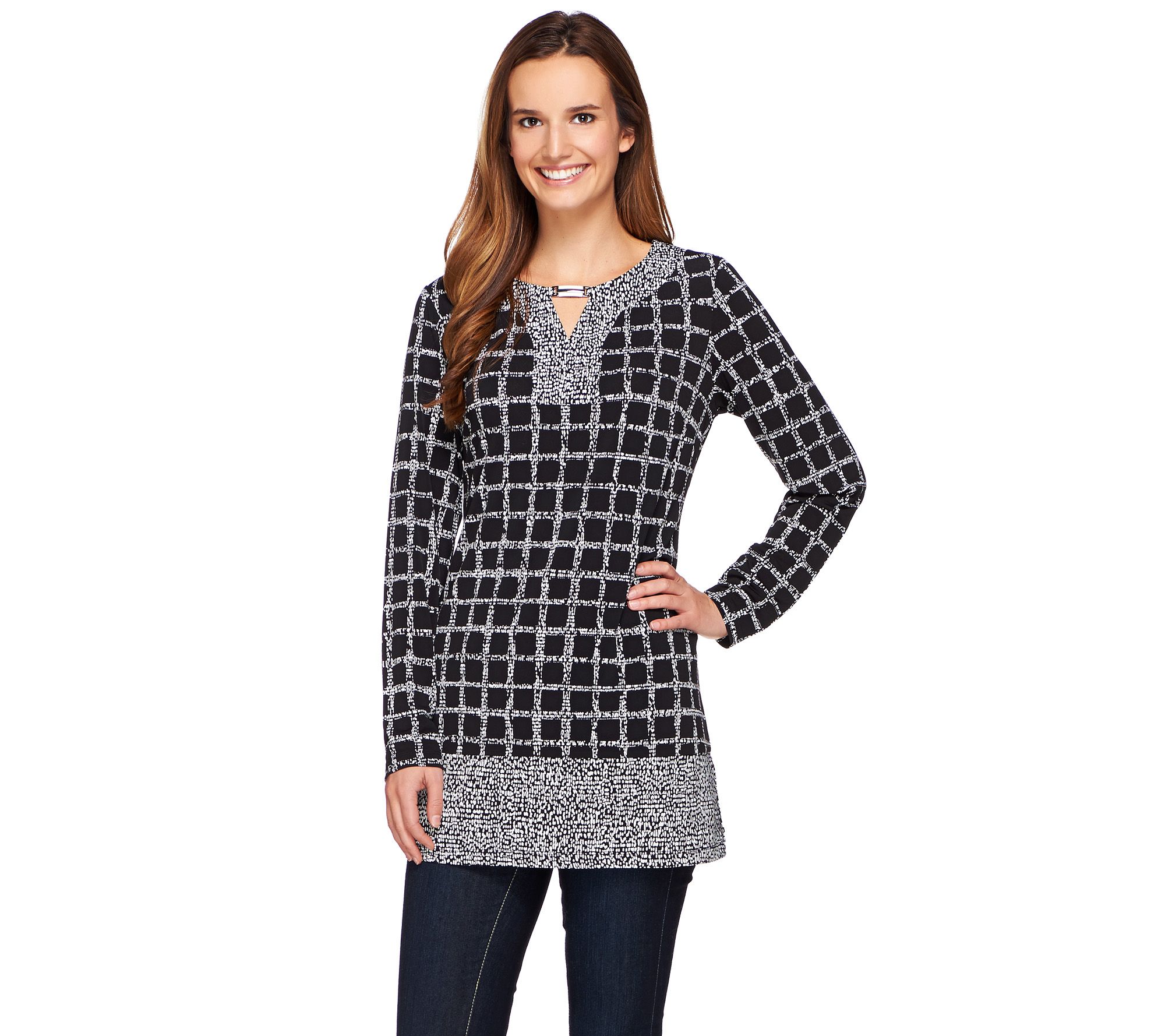 Susan Graver Printed Liquid Knit Split Neck Tunic With Trim Page 1