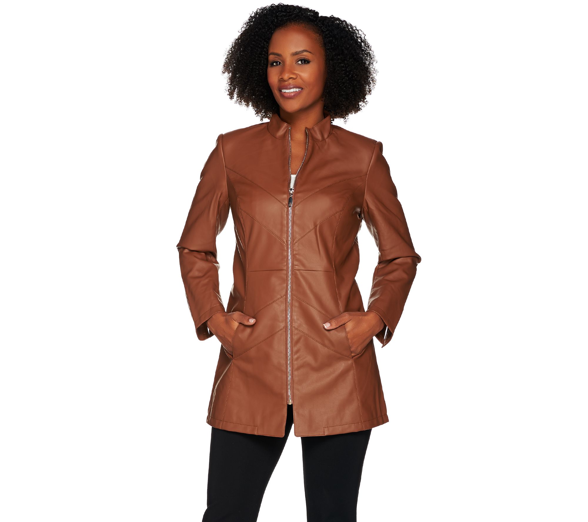 "As Is" Dennis Basso Faux Leather Chevron Seam Jacket —