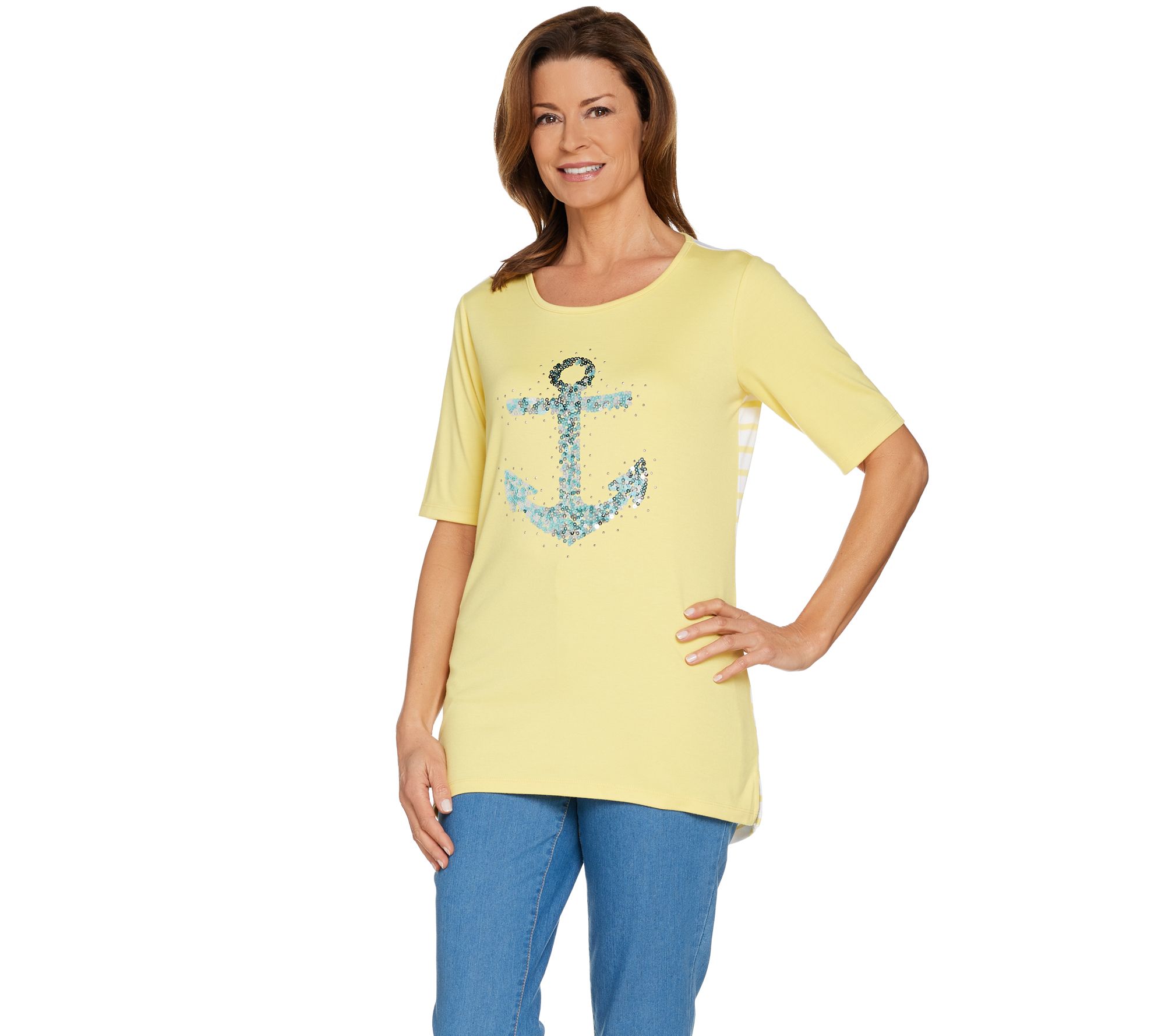 Quacker Factory Sequin Anchor Elbow Sleeve Knit Top with Striped Back Page 1 —