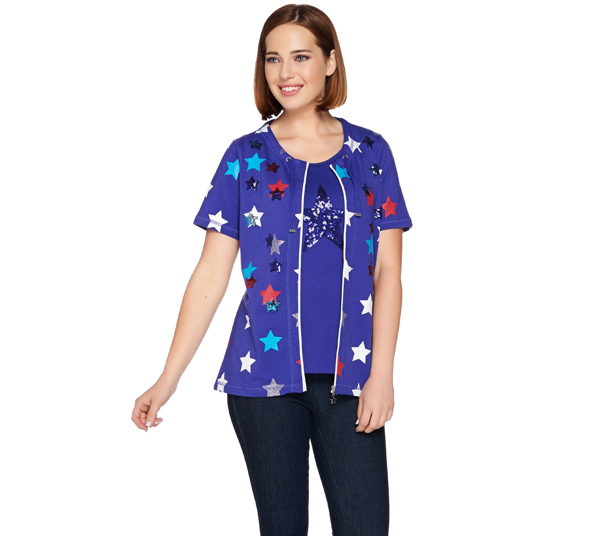 Quacker Factory Short Sleeve Zip Front Jacket and Star Tank Page 1