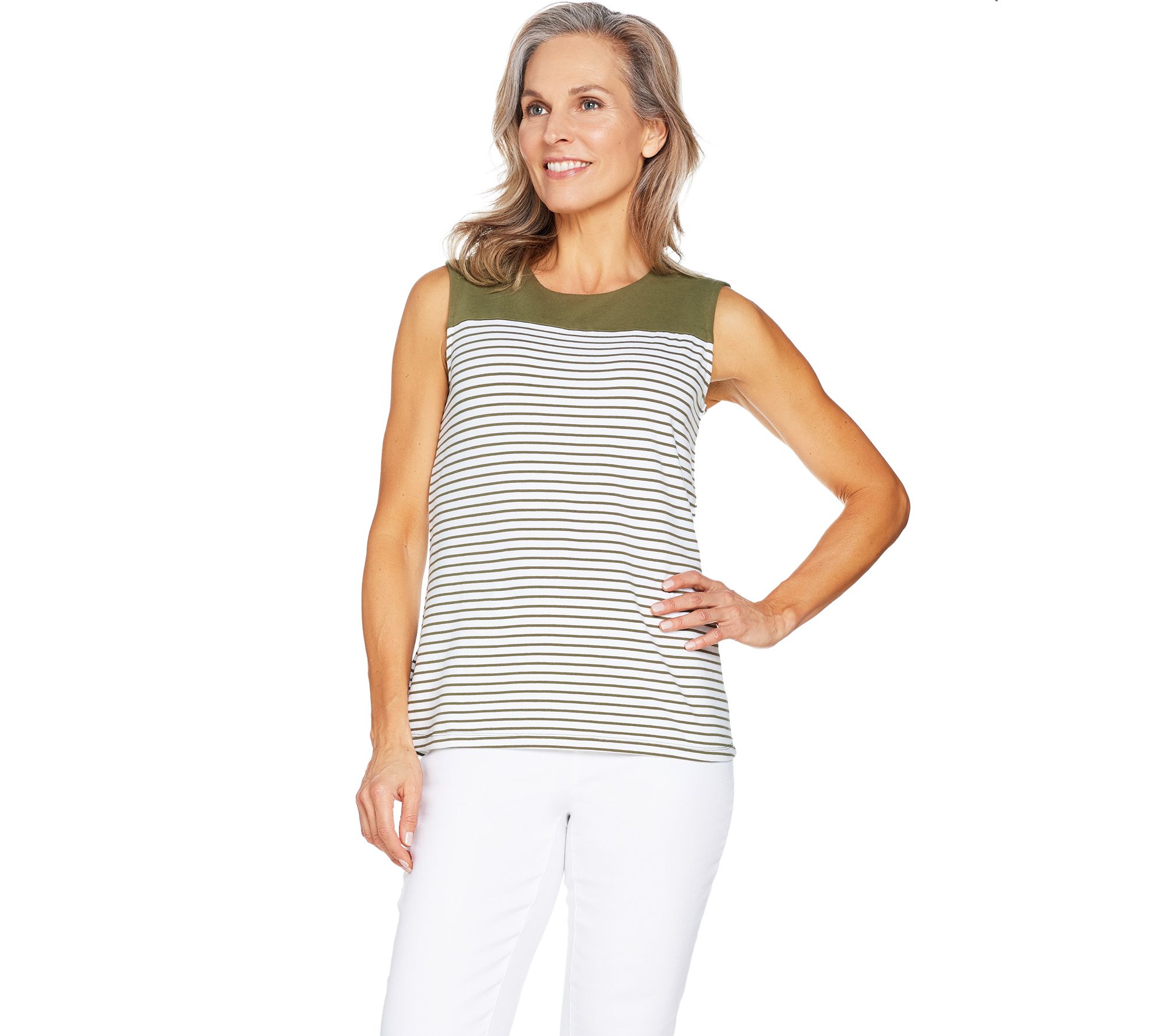 Denim And Co Striped Sleeveless Round Neck Top Page 1 —