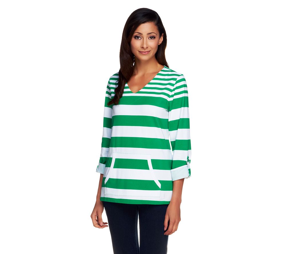 Susan Graver Stretch Cotton Pullover Stripe Top with Roll Tab Sleeves