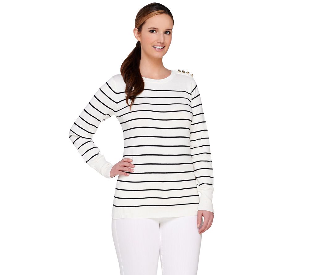 Linea by Louis DellOlio Striped Sweater with Shoulder Button Detail - A265576