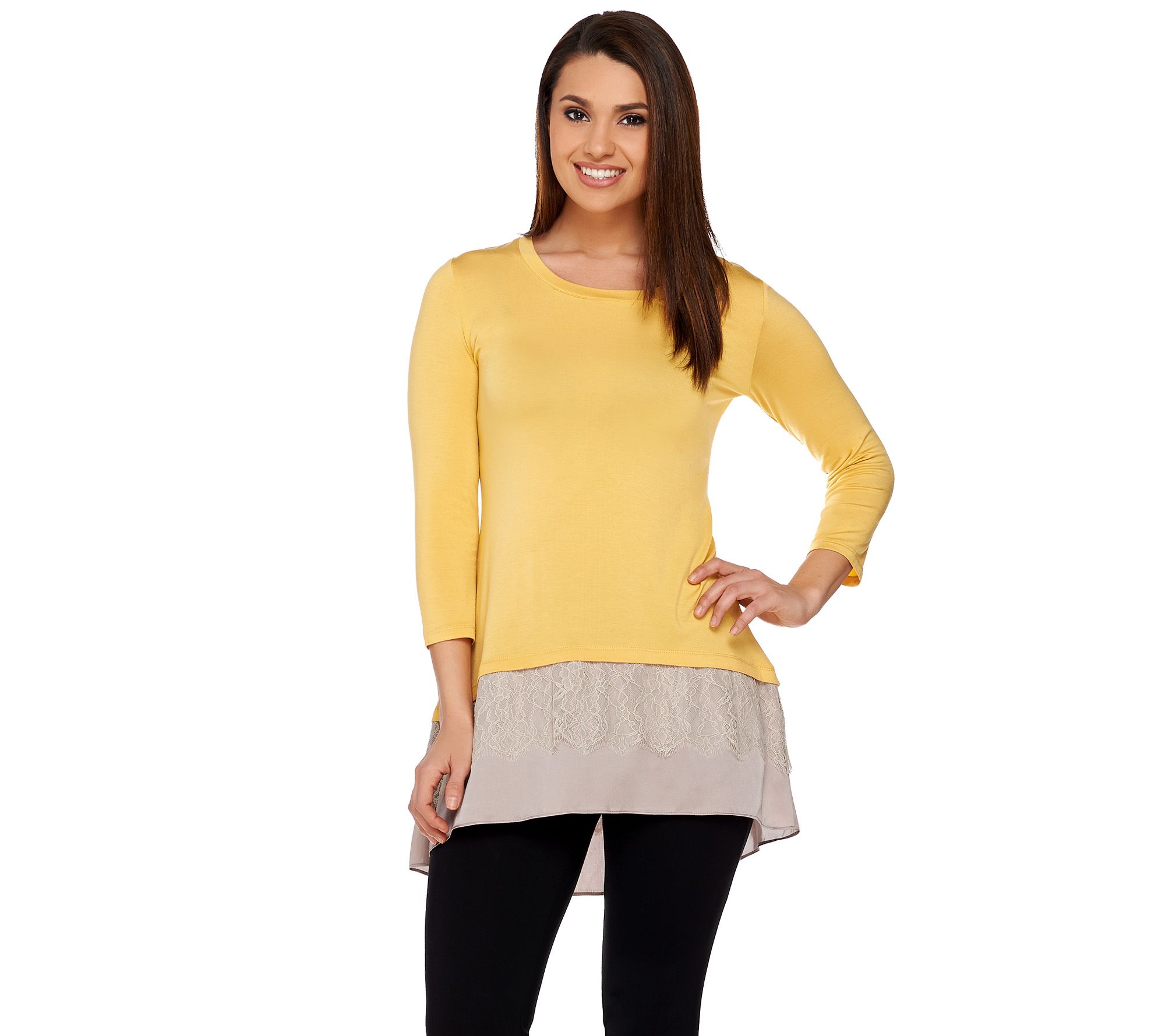 LOGO by Lori Goldstein Knit Top with Lace and Satin Hem