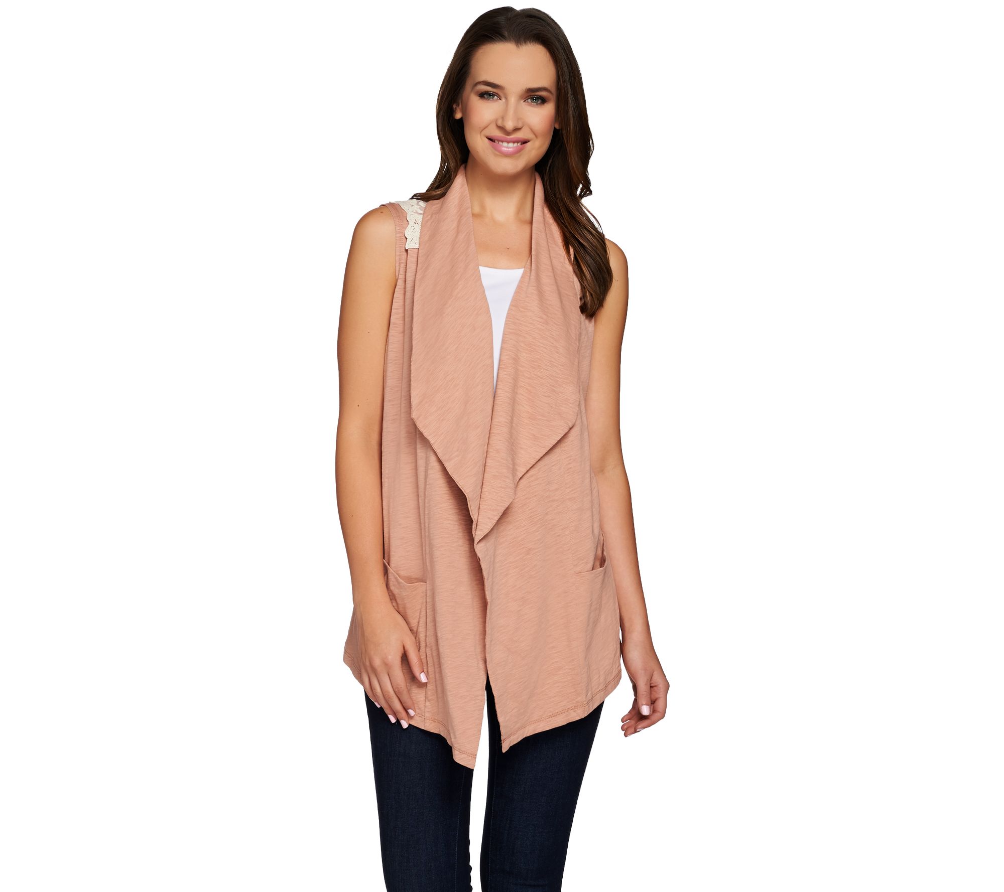 LOGO by Lori Goldstein Knit Vest with Lace Shoulders and Trim Detail