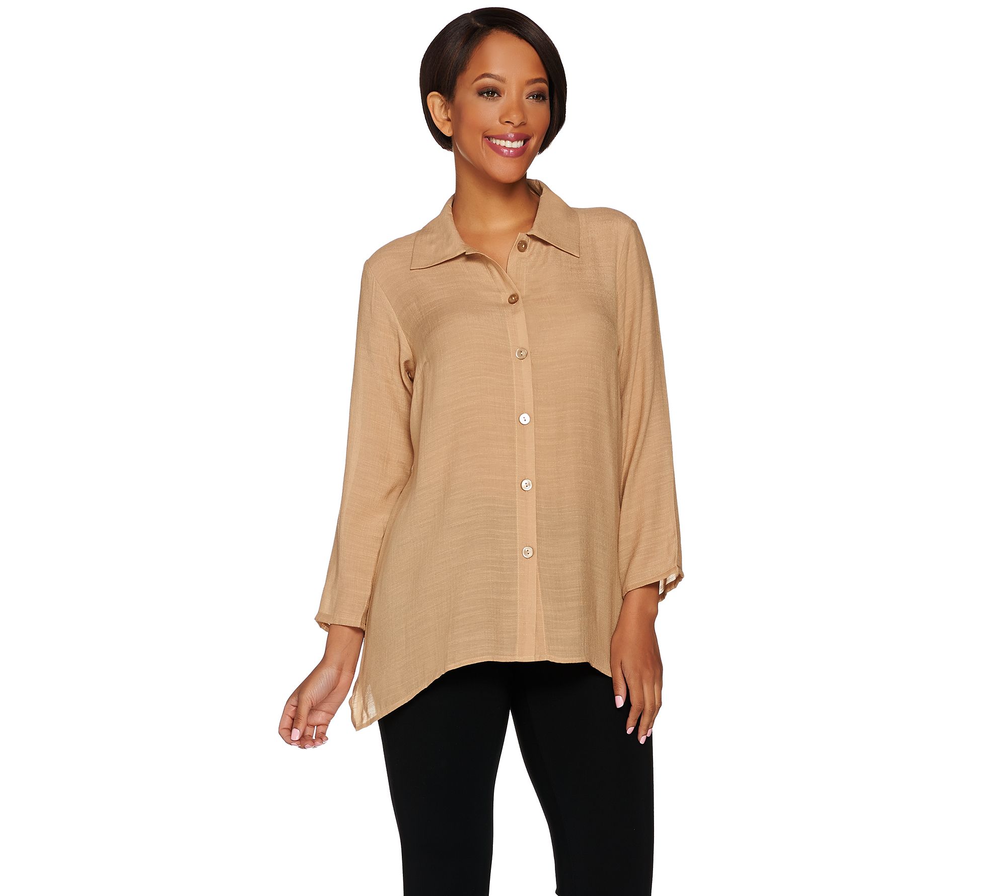 Joan Rivers Lightweight Gauze Boyfriend Shirt with Asymmetric Hem