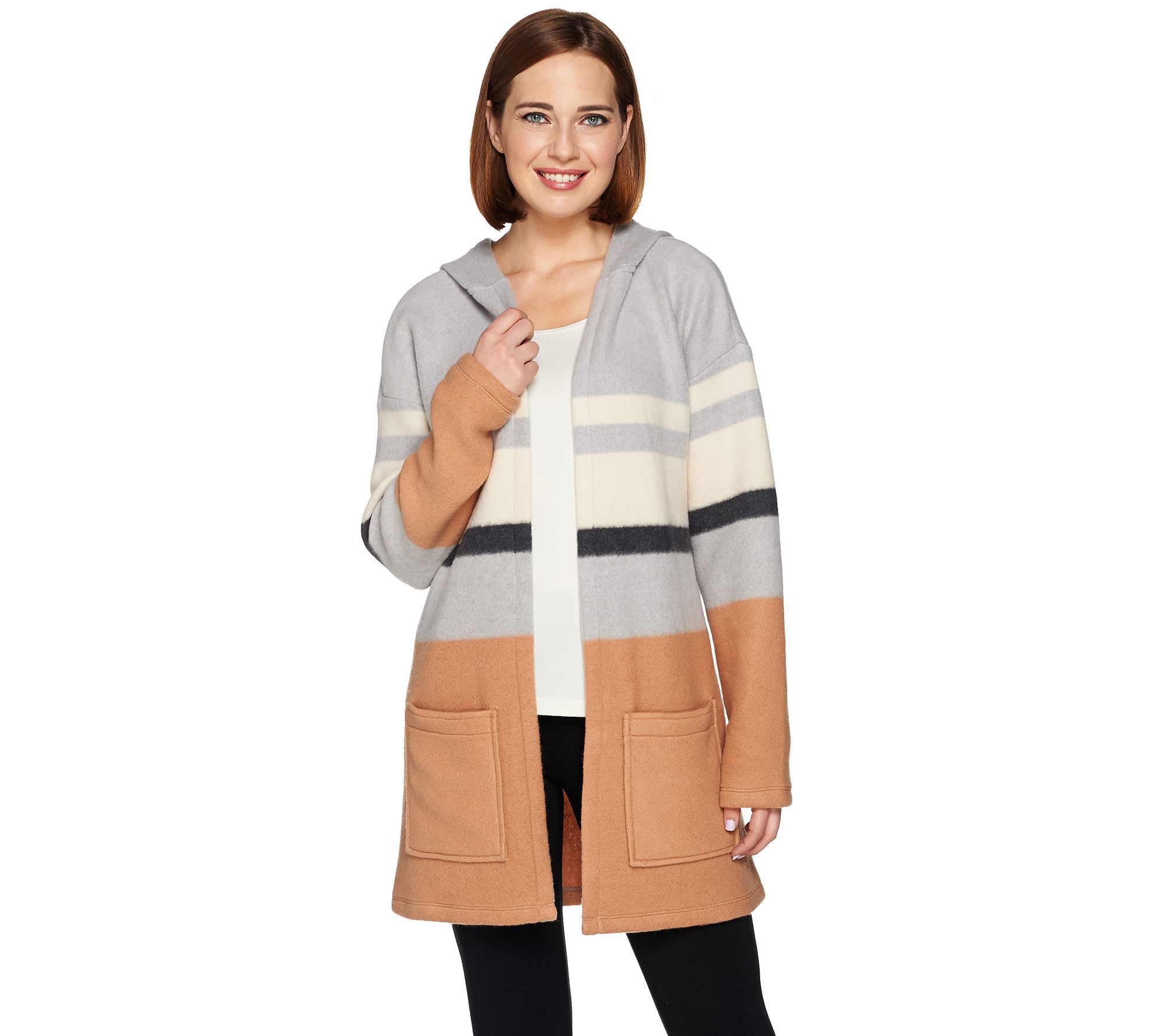 AnyBody Loungewear Brushed Terry Striped Hooded Cardigan