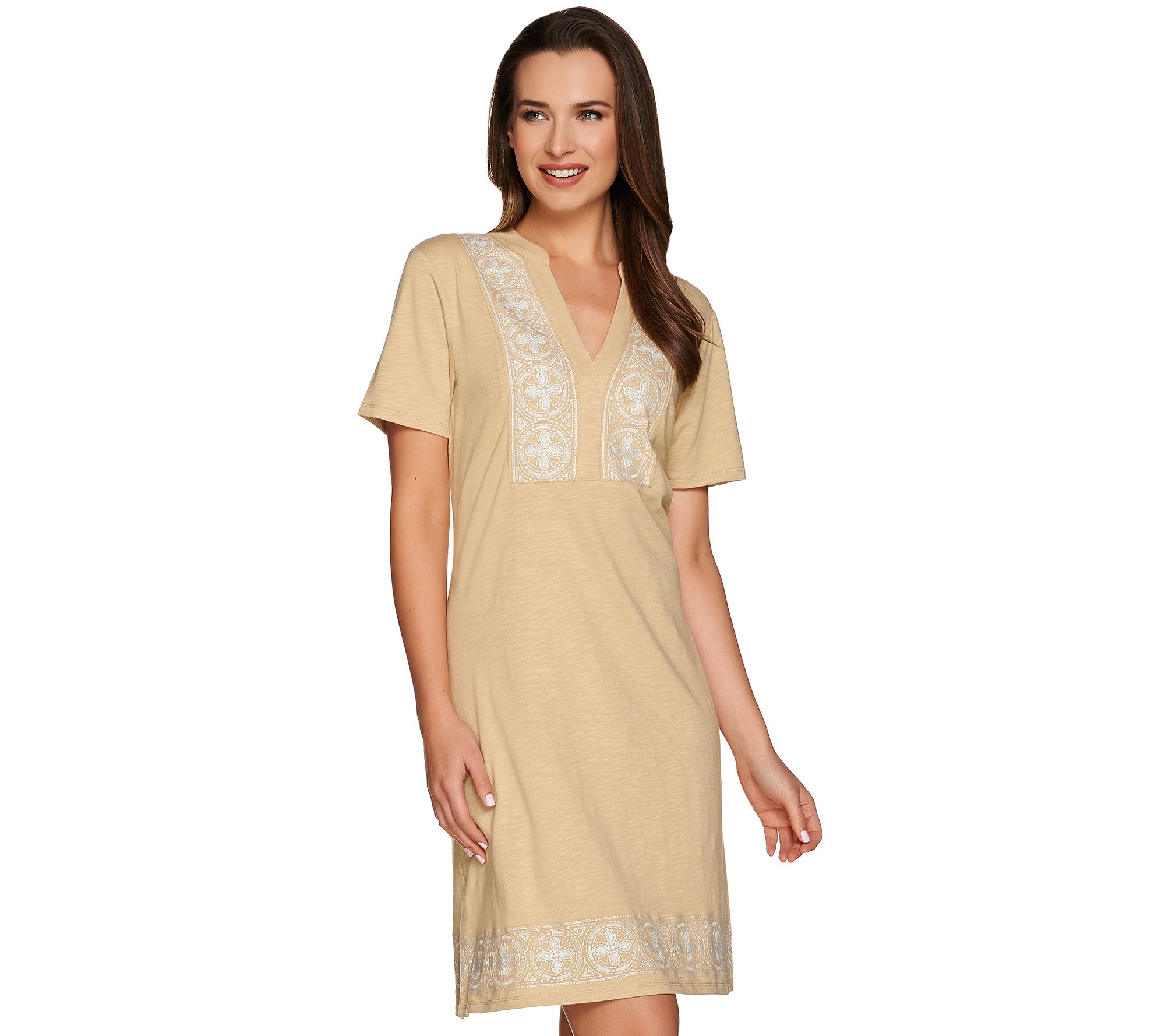 C. Wonder Short Sleeve Split V-neck Knit Dress with Embroidery - A277496