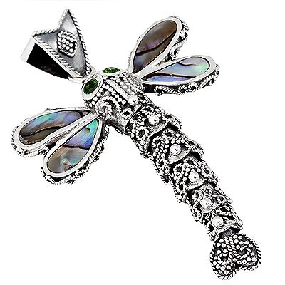 SANDRA SINGH Abalone Chromdiopsid 0,10. Anhänger ´´Libelle´´ Silber 925