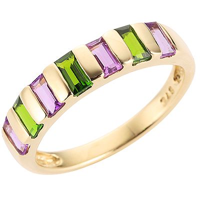 Amethyst 0,36ct. Chromdiopsid 0,36ct. Baguetteschliff Rivière-Ring Gold 375