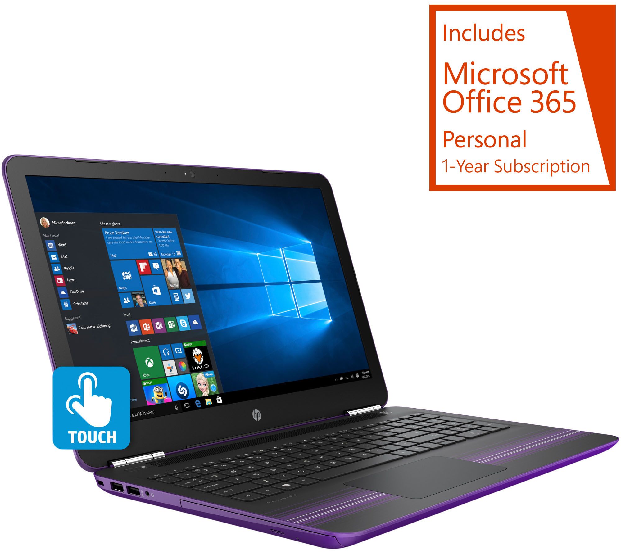 HP Pavilion 15" Touch Purple Laptop, AMD A9 6GB, Lifetime Tech & Office