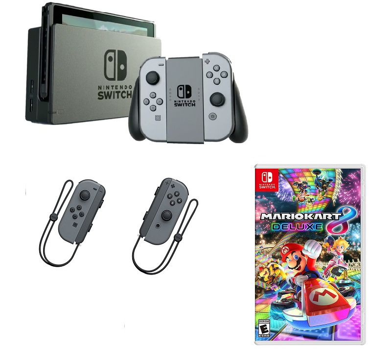 Nintendo Switch w/ Gray JoyCon, Mario Kart 8& Controllers —