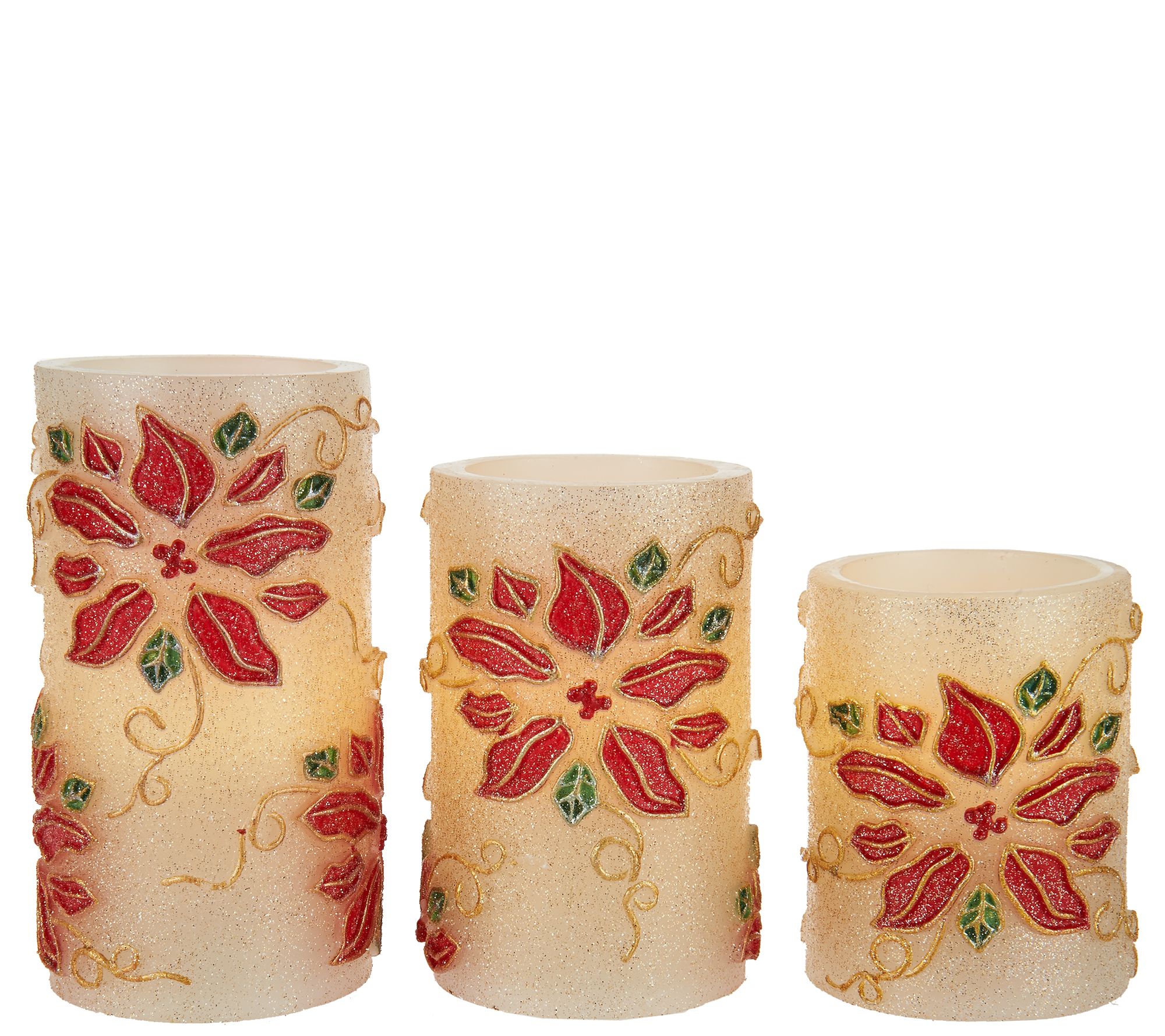 S/3 Poinsettia Embossed Flameless Candles by Valerie Page 1 —